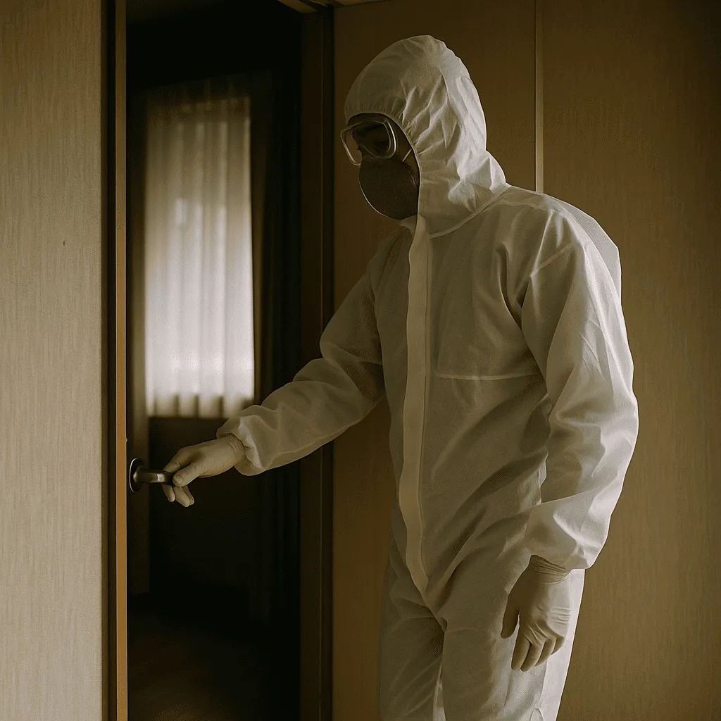 孤独死現場に入り、特殊清掃を行う作業員