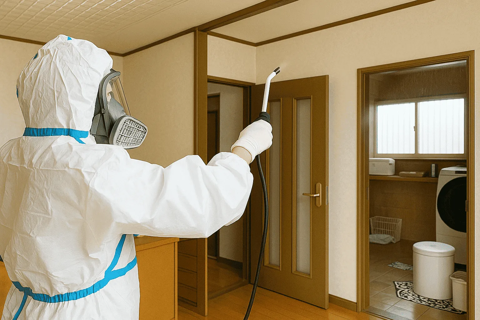 孤独死が原因で発生した汚染物の除菌・消臭を行う様子