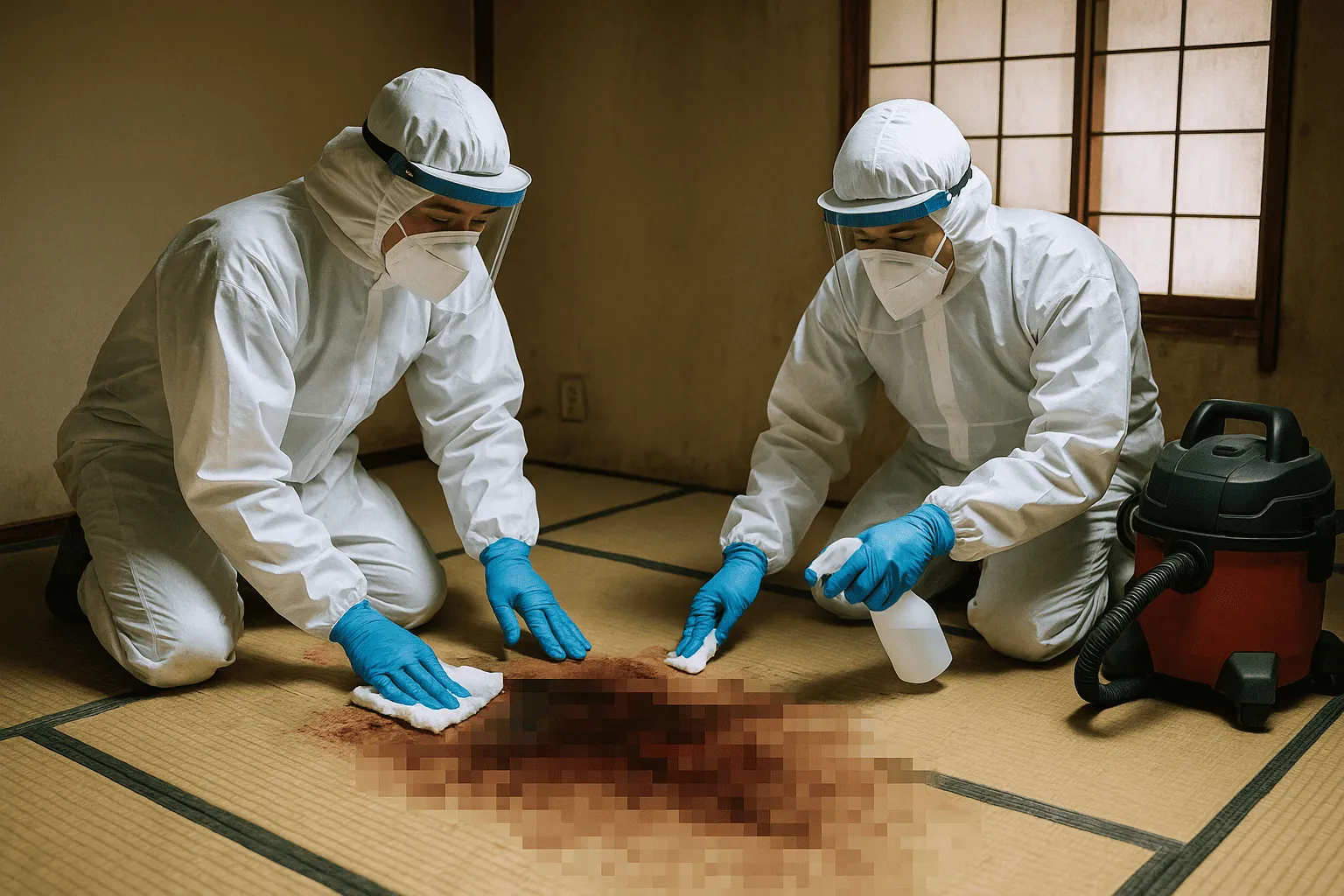 孤独死が起きてしまった部屋の特殊清掃を行っている様子