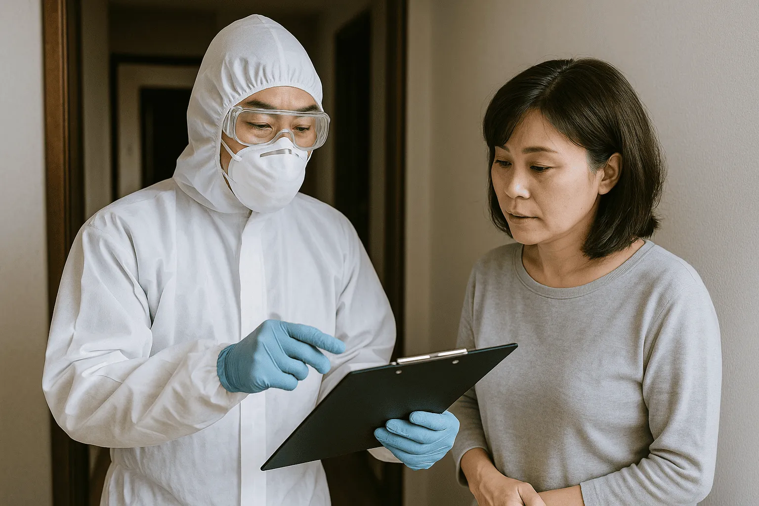 特殊清掃の完了報告を受けている様子