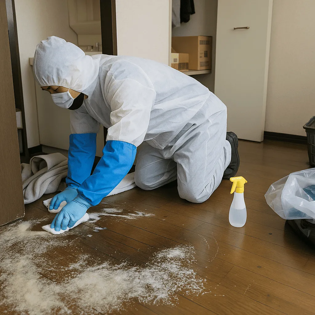 孤独死現場で臭気や病原菌の温床にもなる汚染物質の除去